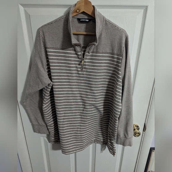 Lands End Womens 2X 1/4 Zip Pullover Plus Size Long Sleeve Striped Beige Sweater - Picture 1 of 6